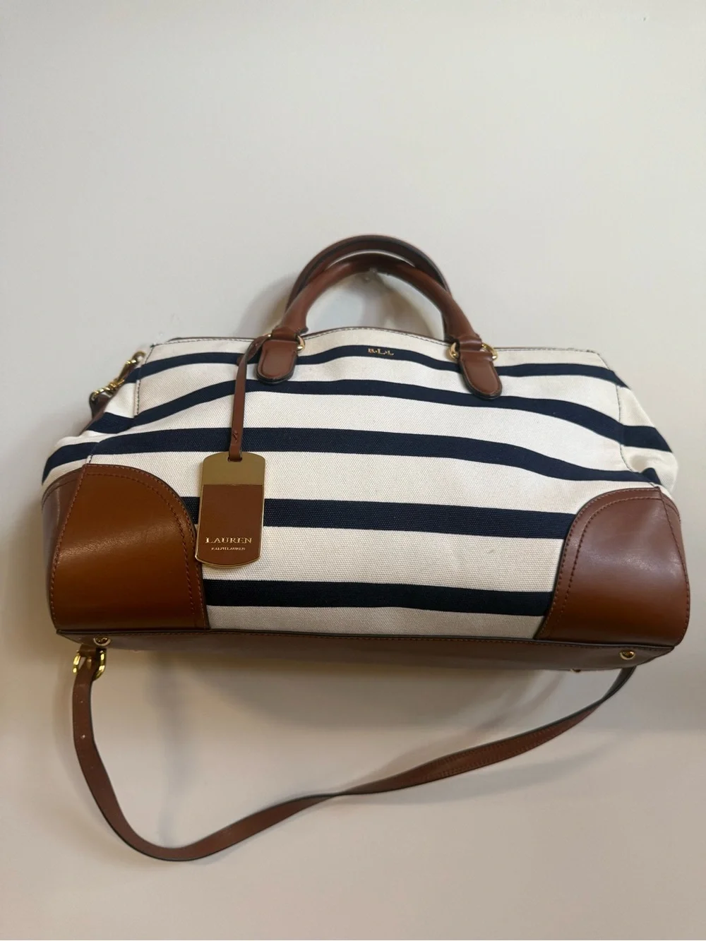 Ralph Lauren Black & White Striped Canvas Weekender with Brown Leather